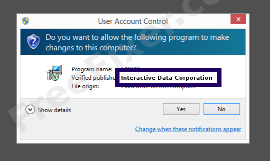 Screenshot where Interactive Data Corporation appears as the verified publisher in the UAC dialog